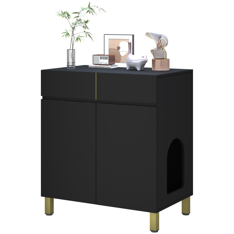 Grand / grand bac à litière, meuble moderne en bois pour bac à litière avec tiroir comme armoire-buffet (noir), Noir