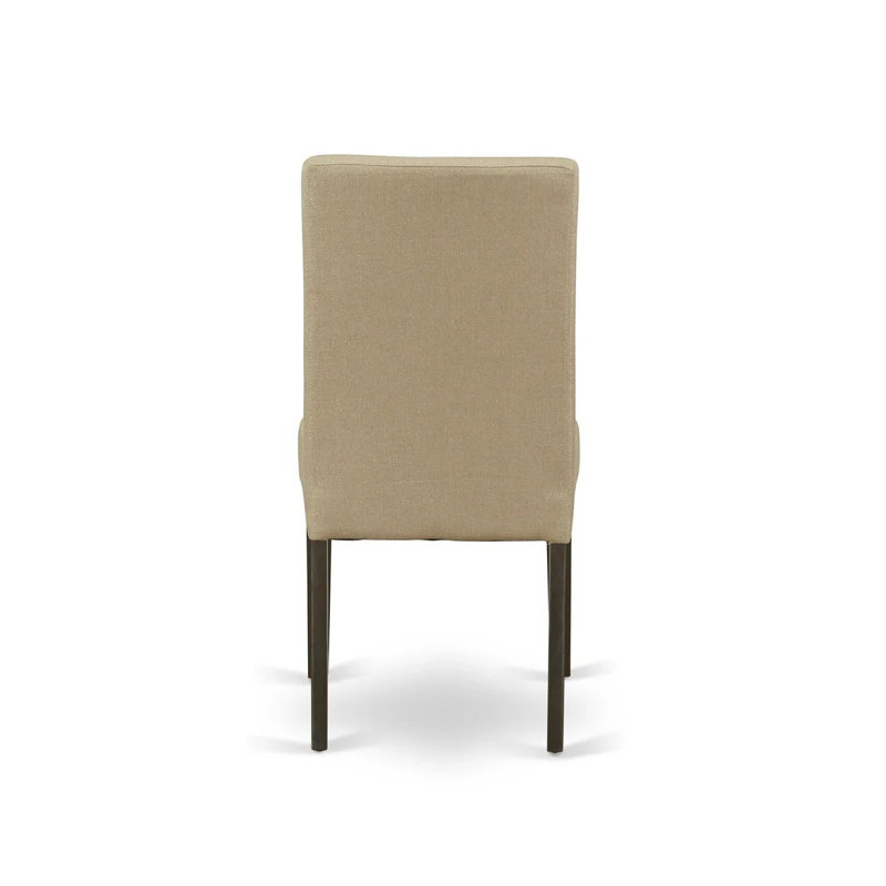 Cet ensemble de salle à manger 9 pièces comprend une table carrée avec feuille papillon et 8 chaises Parson rembourrées en tissu brun, Cappuccino
