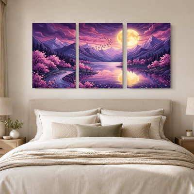 «Pink Blossom Trees and Purple Mountains Under Full Moon», ensemble de 3 toiles murales