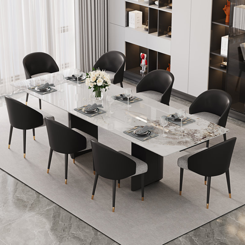 Ensemble de table de salle à manger 9 pièces avec table de salle à manger extensible en pierre frittée de 63 à 94,5 po avec 8 chaises rembourrées en cuir Fuax