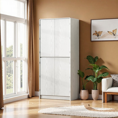 72" White Farmhouse Kitchen Pantry Cabinet w/ Curved Design, 8 Door Shelves & Hidden Drawer - Versatile Storage for Kitchen, Bathroom or Dining Room