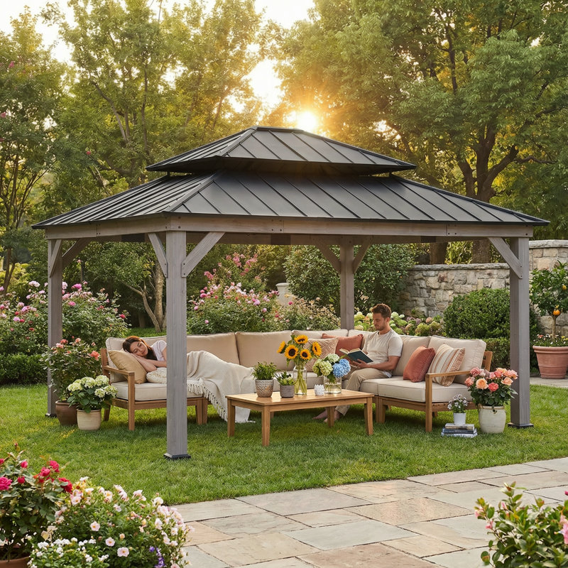 Sunjoy 13 x 15 ft. Wood Gazebo, Outdoor Patio Steel Hardtop Gazebo, Cedar Framed Wooden Gazebo with 2-Tier Metal Roof, Suitable for Patios, Lawn and Backyard