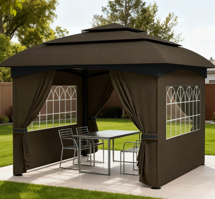 Elegant Double Roof Patio Gazebo,Outdoor Gazebo With Curtains,Church Windows