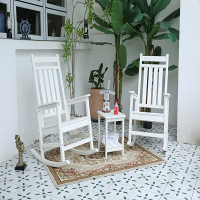 All Weather Rocking Chair Set With Side Table, 3-Piece Rocking Chair Set With Wood-Texture