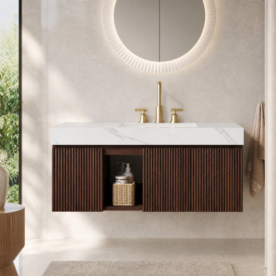 Meuble-lavabo flottant 48 po avec plateau en pierre frittée et lavabo en céramique