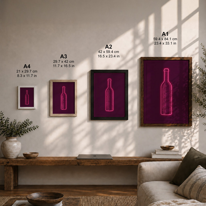 Neon Wine Bottle Modern - Print, A2 - 59.4 x 42.0 cm, Black