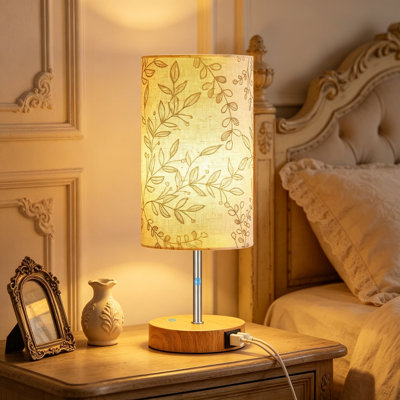 Lampe de chevet tactile avec 2 ports de chargement USB, petite lampe de table en bois pour la chambre à coucher, lampe de table de chevet à intensité variable à 3 voies avec abat-jour en tissu pour le bureau du bureau de lecture, ampoule DEL incluse