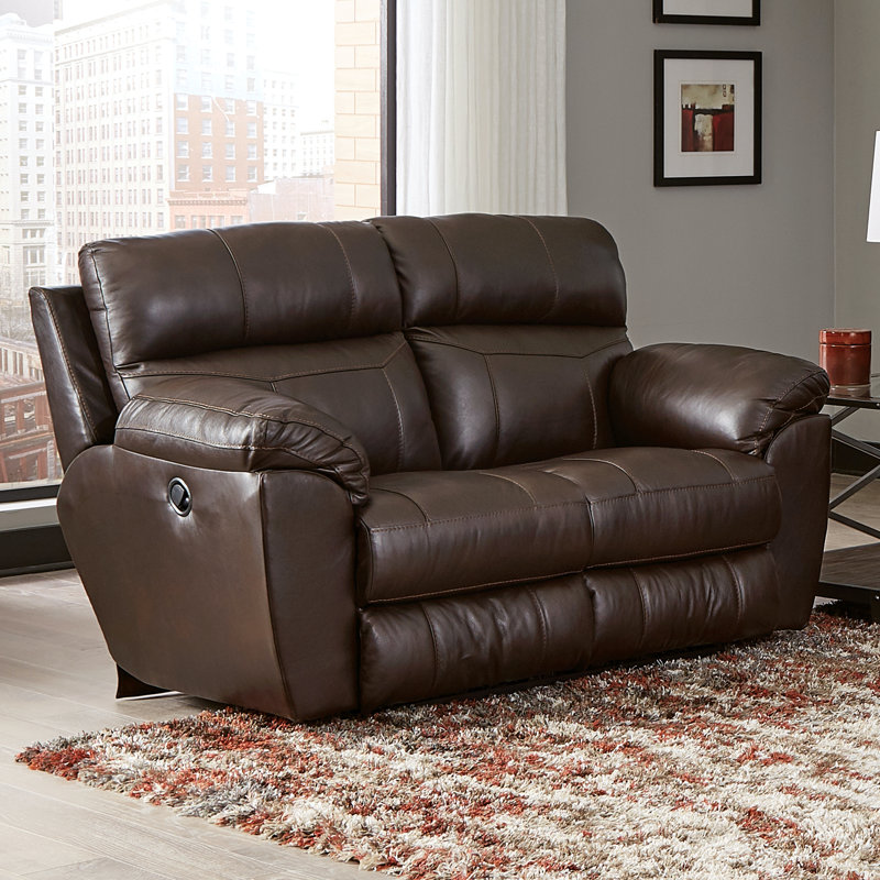 Alonii 66" Leather Match Pillow Top Arm Reclining Loveseat, Chocolate Leather Match, Power, 42.5'' H X 69'' W X 42.5'' D