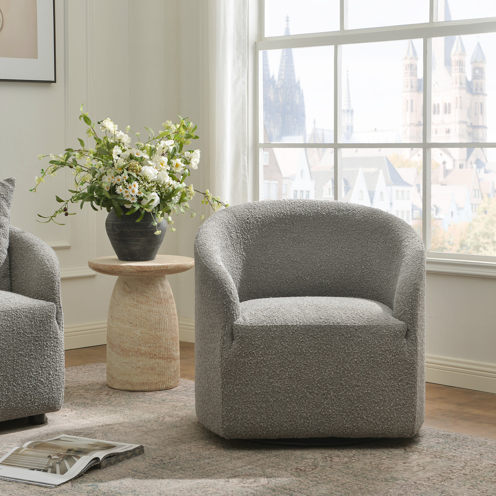 Deans 32" Boucle Upholstered Swivel Barrel Chair , Gray
