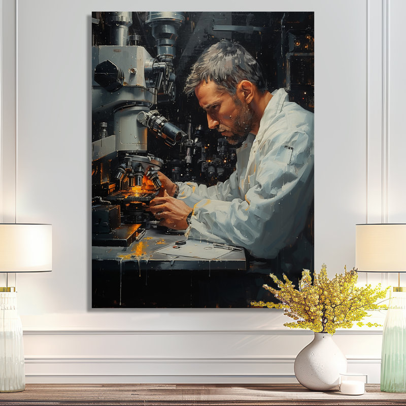 Décoration murale laboratoire blanc blanc microscopique II - laboratoires, Sans cadre, métal, 16" H x 32" W