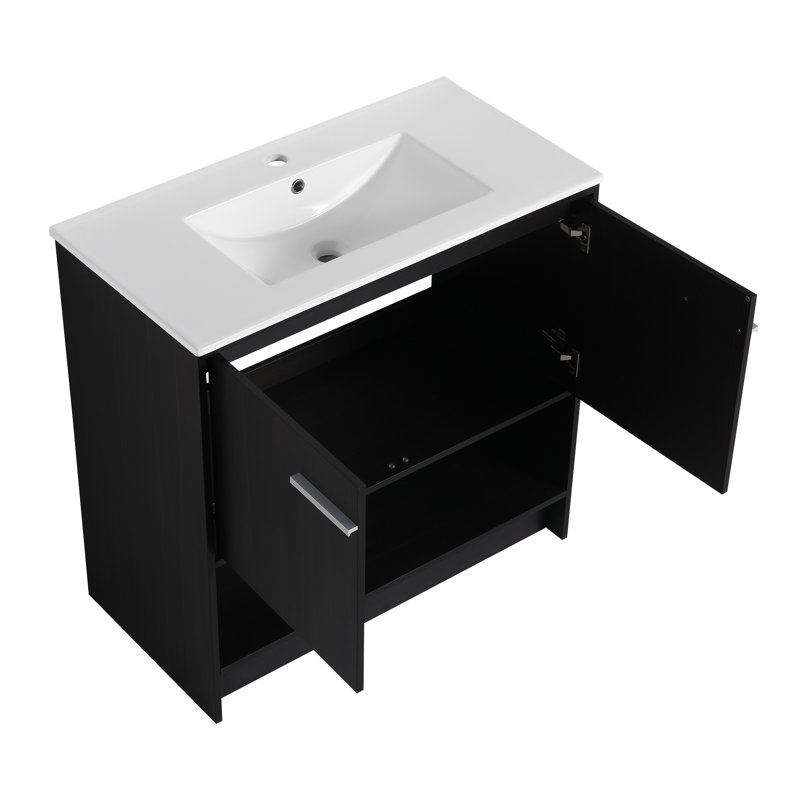 Meuble-lavabo autoportant de 36 po Roch avec lavabo en céramique et 2 portes à fermeture en douceur, Chêne foncé