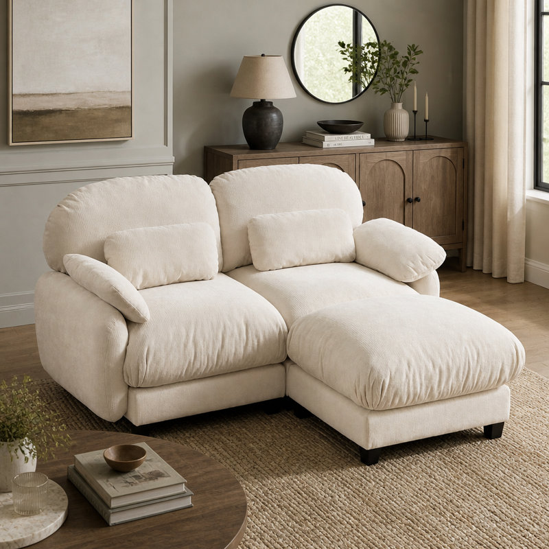 Canapé 2 places en L avec repose-pieds amovible Cloud Feel, Beige Chenille