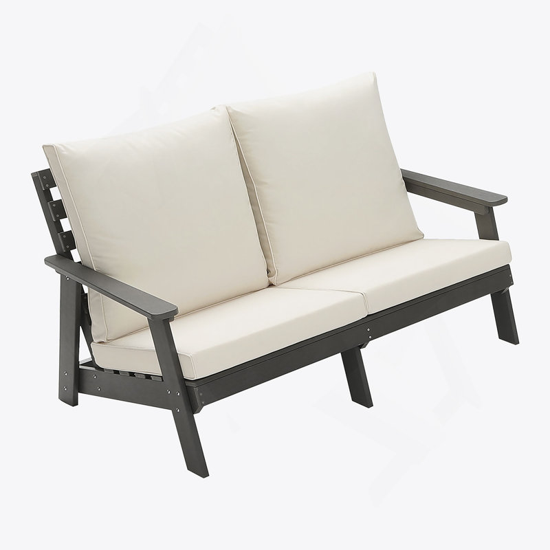 HIPS Loveseat With Cushion, Wood Grain Outdoor Garden Sofa, Beige/Brown