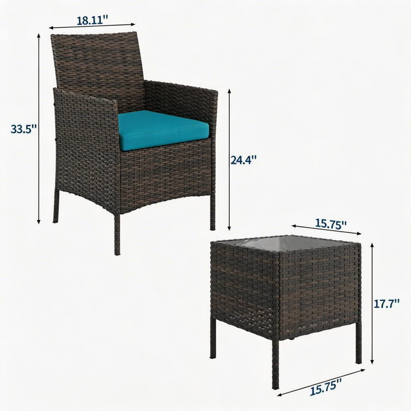 3-Piece Outdoor Patio Bistro Set with 2 Rattan Chairs and Glass Coffee Table, Wicker Conversation Set for Porch, Backyard, Garden