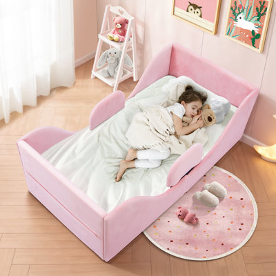 Lit pour tout-petits, lit pour tout-petits - conception basse-terre avec rails de garde amovibles, lit de transition rembourré doux, lit de bébé standard pour les enfants de 1 à 6 ans (rose)