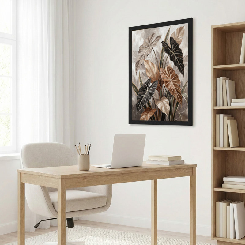 Art mural sur toile noir encadré pour le salon, la chambre à coucher, le bureau ou le vestibule - décoration murale décorative avec motif de feuilles