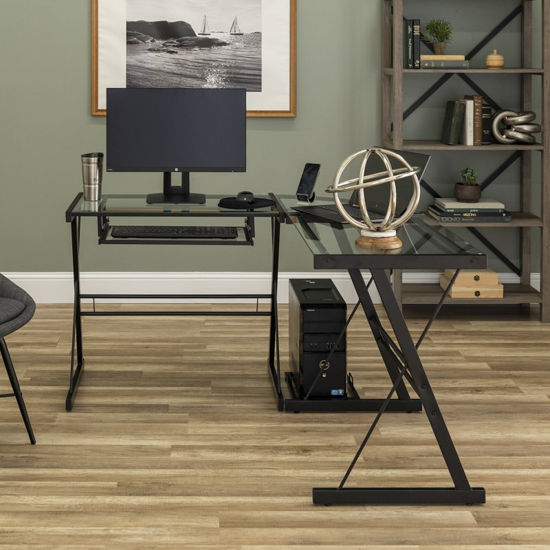 L-Shaped Glass Top Computer Desk, Clear/Black