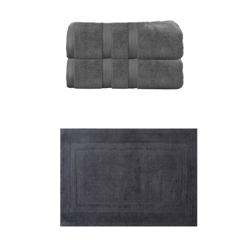 Ensemble de serviettes de bain 100% coton 2 pièces Buariki Collection et tapis de bain 1 pièce Buariki Collection, Gris foncé