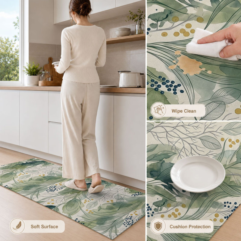 Green Leaf Non-Slip Washable Kitchen Mats