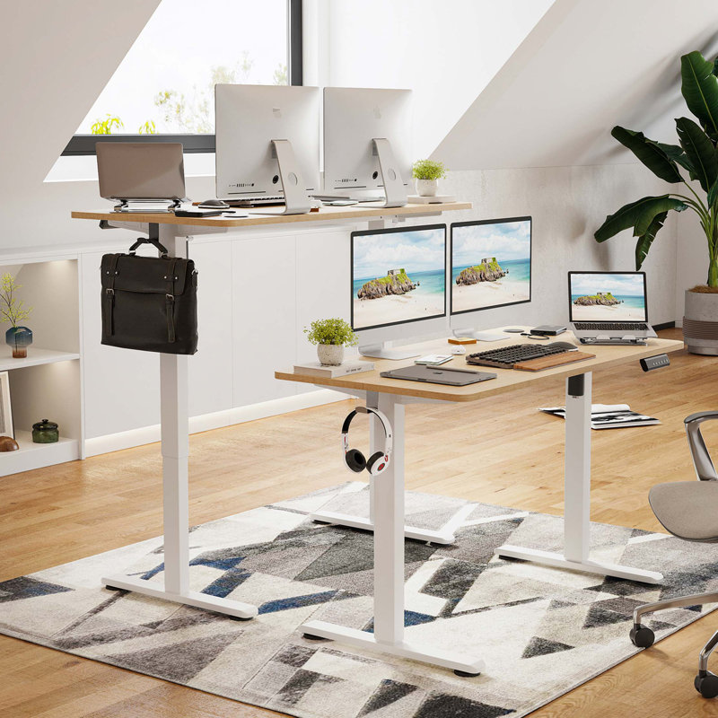 Bureau debout à hauteur ajustable Radke, Naturel / Blanc, L 55,12 po x P 23,62 po