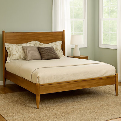 Très grand lit de style Mid-Century oriental avec finition en chêne, lignes épurées, ensemble de lattes, bois massif, sans sommier, pièce de chambre Grace