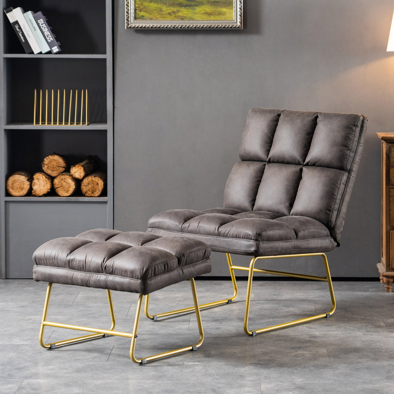 Fauteuil d'appoint avec repose-pieds en métal Endri, Tissu gris