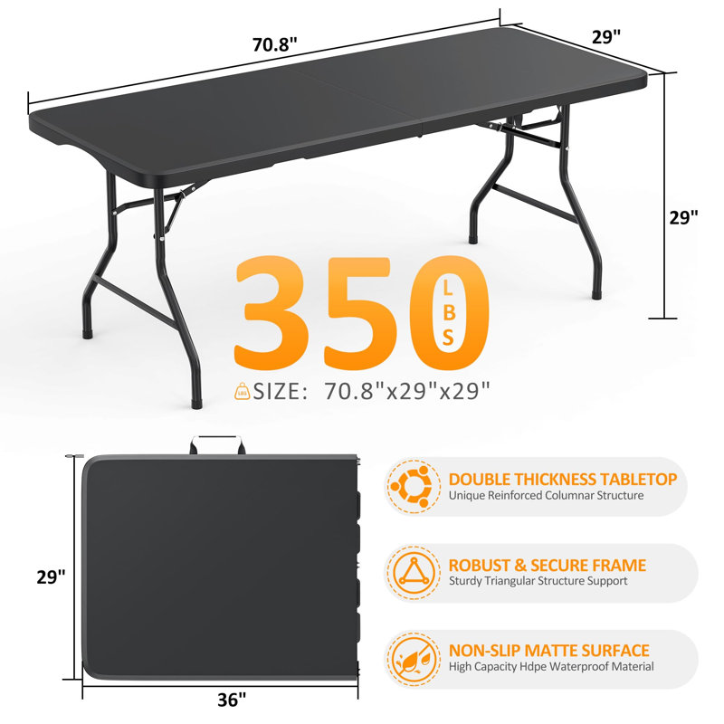 6 po. Pliable en demi-dessus de table utilitaire robuste en plastique Hdpe avec pieds en acier verrouillables, capacité de 350 lb, table d'événement intérieure et extérieure noire