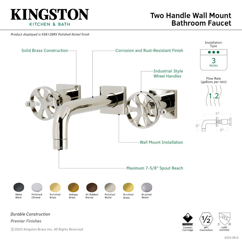 Kingston Brass Belknap Two-Handle 3-Hole Wall Mount Bathroom Faucet, Polished Brass