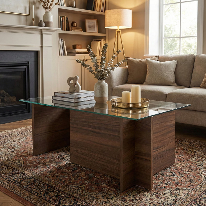 Table basse rectangulaire en verre trempé, Noyer, H 15,7 po x l 41,3 po x P 25,6 po