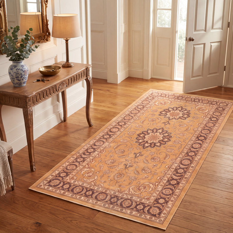 Tapis Manor traditionnel à médaillon délavé, style persan, orange, vert et crème, lavable à la machine, antidérapant, à poils courts, pour l'intérieur et l'extérieur, adapté aux animaux domestiques, idéal pour le salon, la chambre, la salle à manger, l'entrée, le couloir ou le bureau.