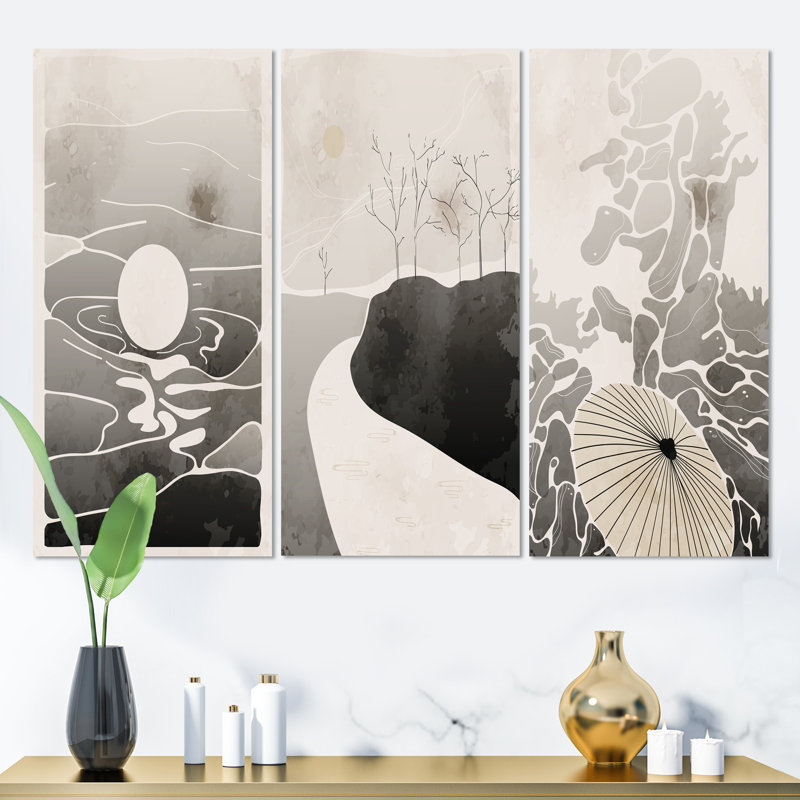 Monochromes japonais rétro, paysage, ensemble de 3 impressions sur toile tendue, H 28 po x l 36 po