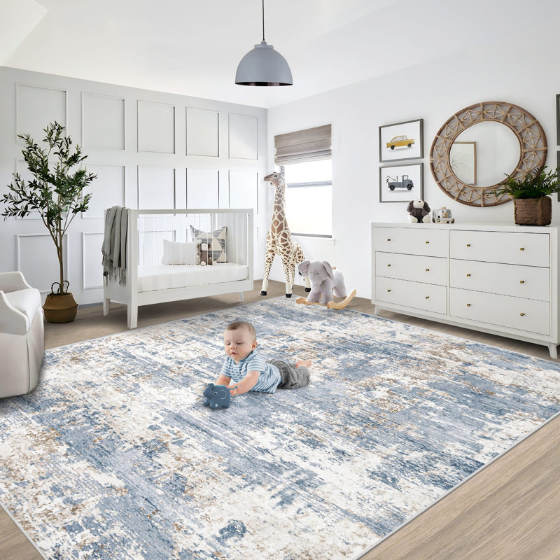 Tapis lavable abstrait moderne 8 pi x 10 pi, neutre, doux, antidérapant et antitaches pour salon, bleu, Bleu