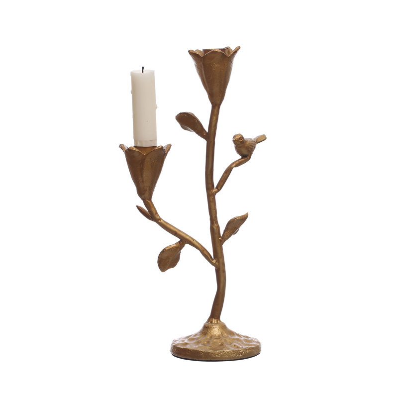 Grand candélabre en fonte forgé à la main avec fleurs et oiseaux, or