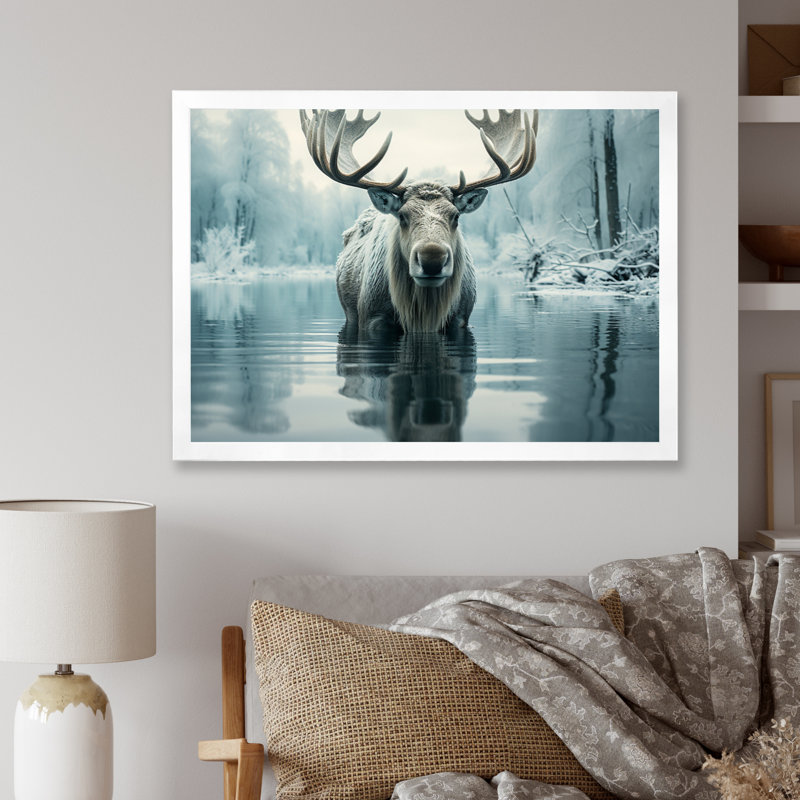«Blue Blue Moose», impression sur toile encadrée, H 16 po x l 32 po x P 1 po, Cadre simple blanc