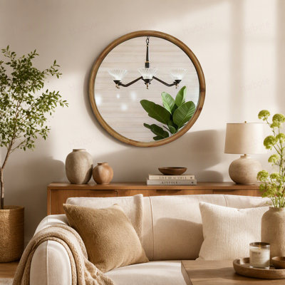 Miroir rond rond avec cadre en bois, miroir circulaire en bois naturel de 23,62 po pour la salle de bain, la chambre à coucher, le vestibule, miroir décoratif moderne Mid-Century