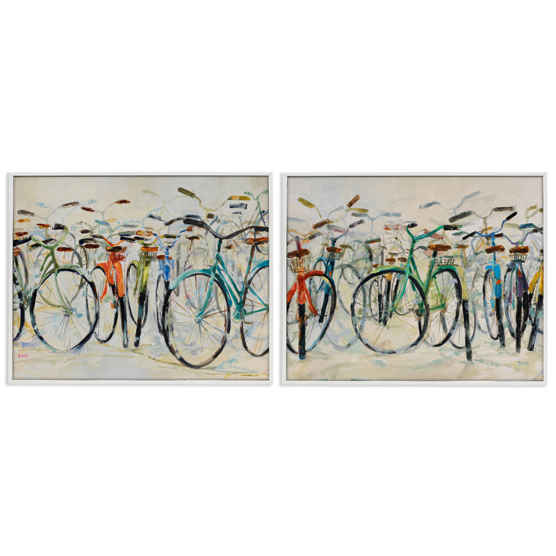 Ensemble de 2 giclées sur bicyclettes dynamiques sur fond beige, design par Dusza, H 16 po x l 20 po