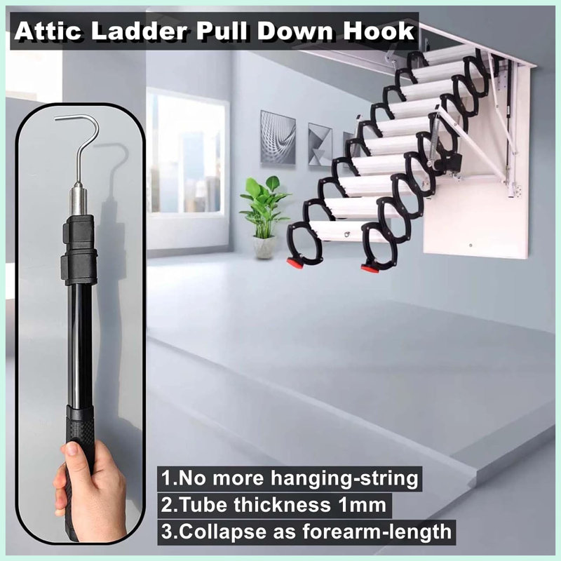 Extendable Attic Pull Down Hook, Ladder Door Stairs Puller System Kit Rod Pole
