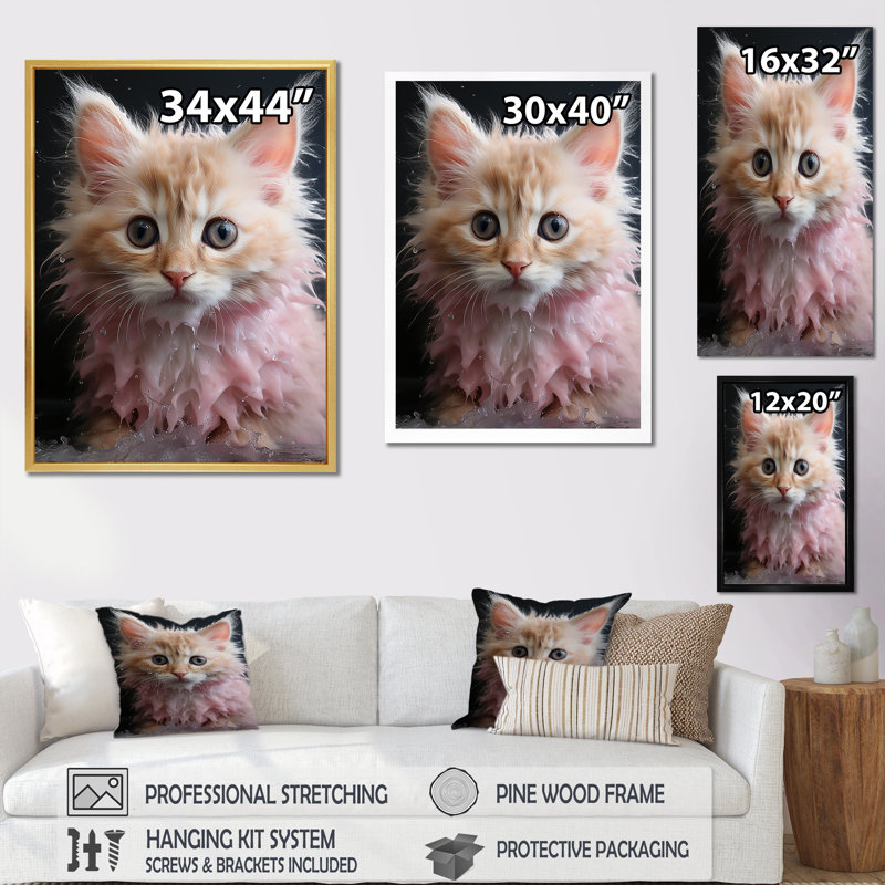 " Bathroom Cuddly Kitten Bath I " Print, 32" H x 24" W x 1" D, White Picture Framed