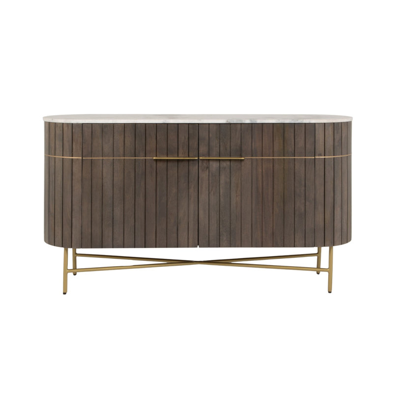 Console ovale en bois de manguier avec portes cannelées et pieds en laiton
