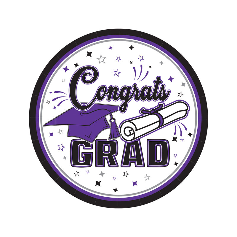 Purple Congrats Grad Paper Plates, 7", 18 Plates/Package, Purple