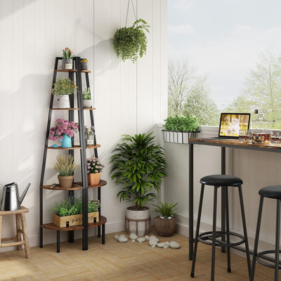 Tablette d'angle, bibliothèque d'angle industrielle à 5 niveaux, étagère d'angle rustique, bibliothèque d'angle pour petits espaces, chambre à coucher, salon, bureau personnel, cuisine, balcon, brun rustique