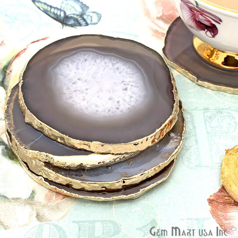 Sous-verres en agate naturelle, accessoires de cuisine, Gris/doré