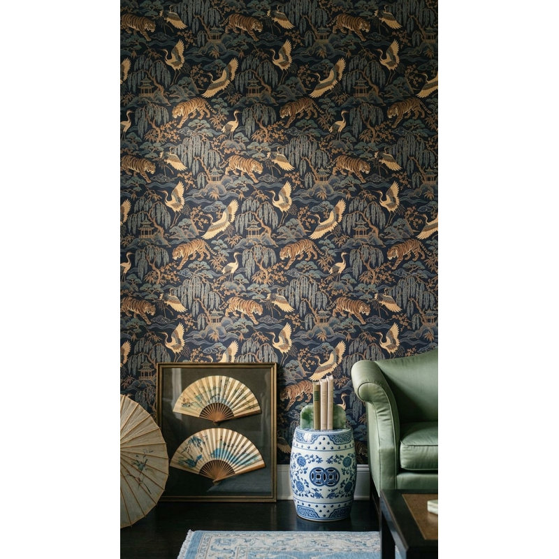 Papier peint Tigre et Grue, motif paysage chinoiserie sombre, Peel and Stick