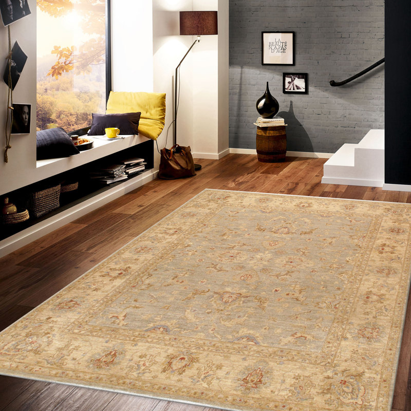 Handmade Light Blue and Beige Wool Floral 8' x 10' Area Rug