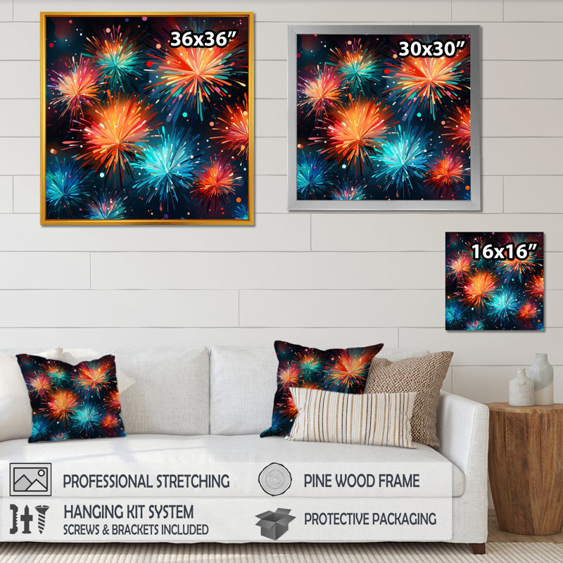 Feux d'artifice bleu et jaune - art mural, Cadre flottant doré, H 16 po x l 16 po x P 1 po