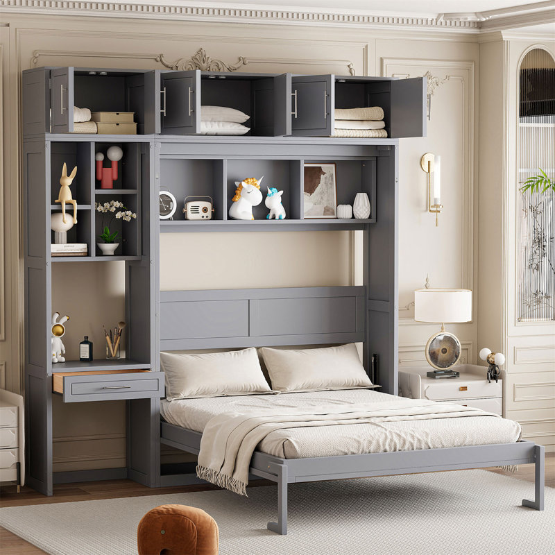 Grand lit escamotable mural avec bureau, armoire supérieure et tablettes de rangement, lit pliable peu encombrant, Grand lit