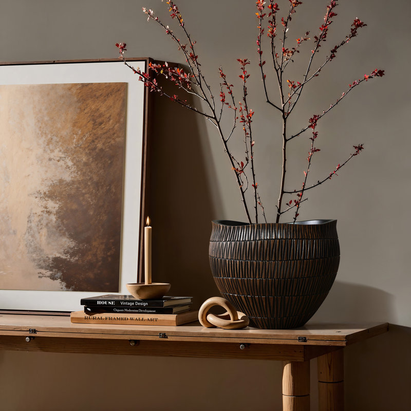 Pot de fleurs rond en résine 12 po P avec finition texturée, pots de couleur brun moderne, H 9,6 po x l 12 po x P 12 po