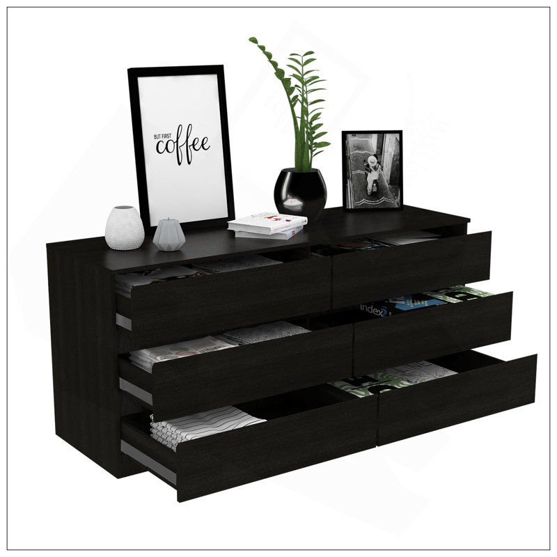 Commode double 6 tiroirs Tronx, chambre, noir, Noir