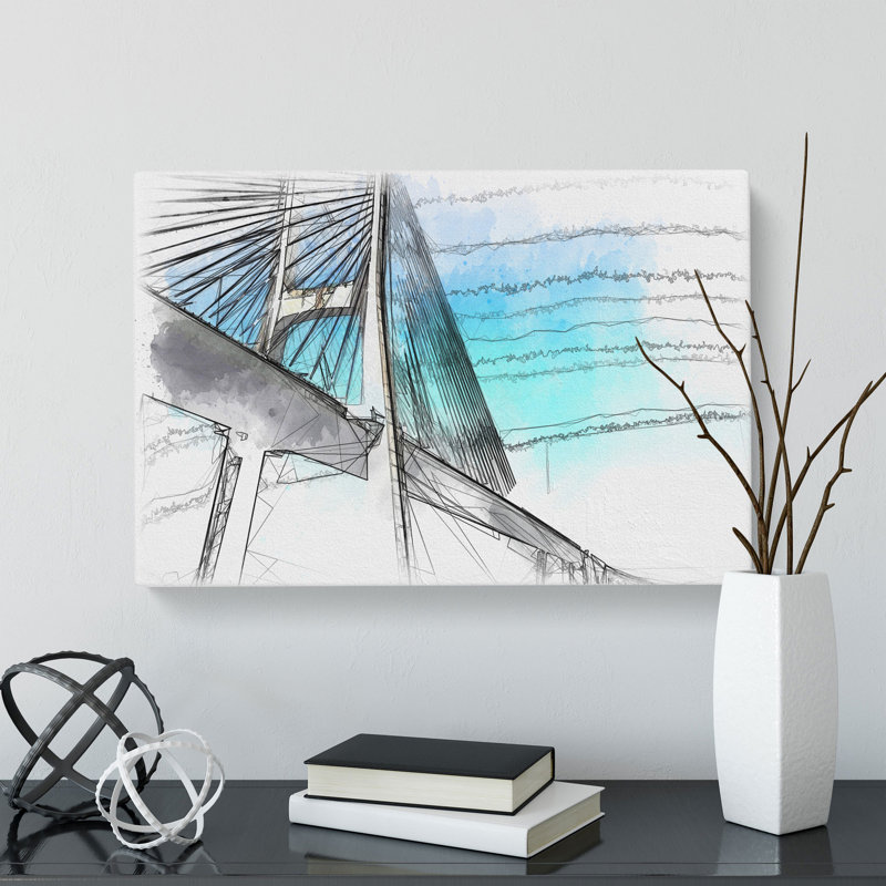 Vasco da Gama Bridge in Portugal Sketch - Wrapped Canvas, 60cm H x 91cm W x 3cm D