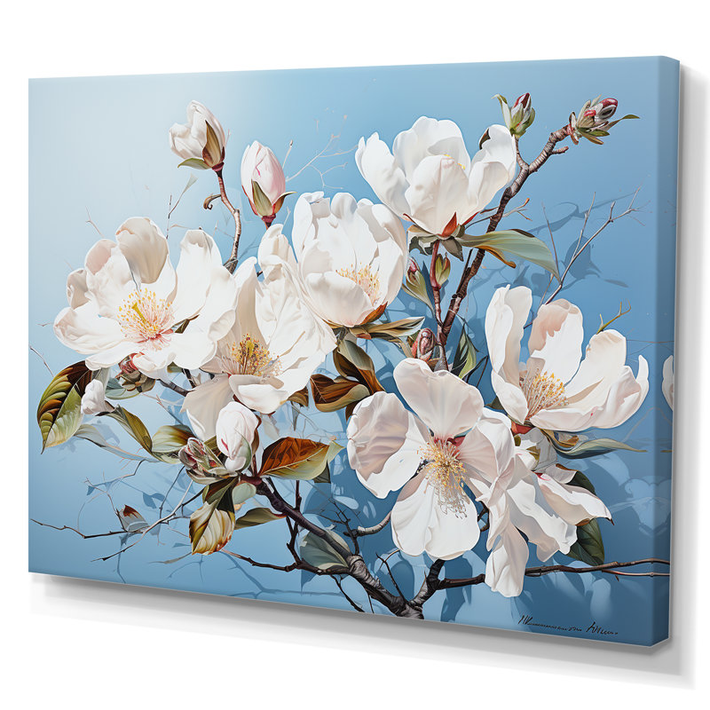 «Magnolias» blanc et bleu I - impression, Toile tendue, H 24 po x l 32 po x P 1 po